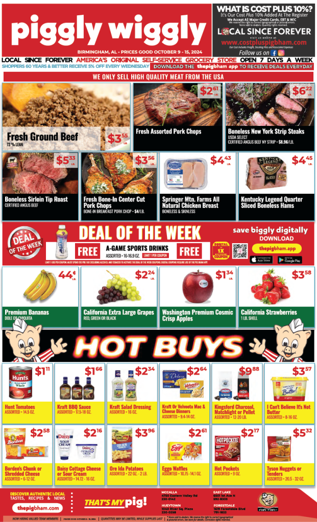 Piggly Wiggly weekly ad for October 9-15, 2024, featuring discounts on meats, fresh produce, and grocery items, including the Deal of the Week on A-Game Sports Drinks.
